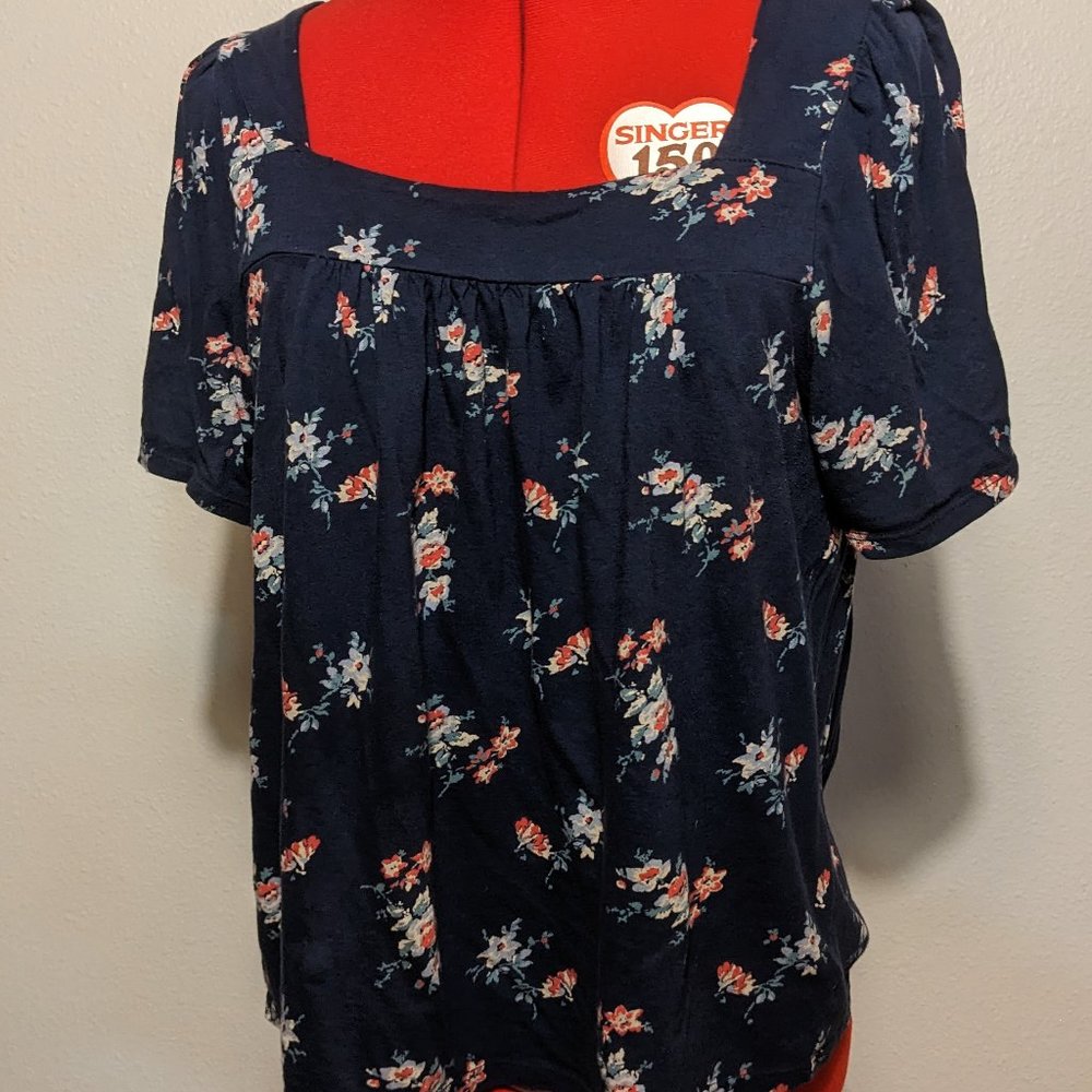 Lucky Navy Floral Flowy Peasant Shirt Women's Medium